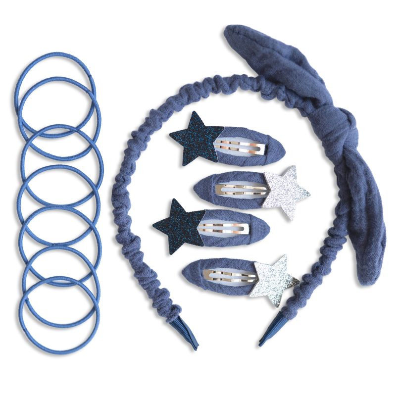 Marineblaues Haaraccessoires-Set bestehend aus Haargummis Stirnband und Haarspangen mit Glitzersternen