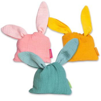 Bunte Stoffbeutel in Hasenform in Pink Gelb und Türkis mit langen Ohren