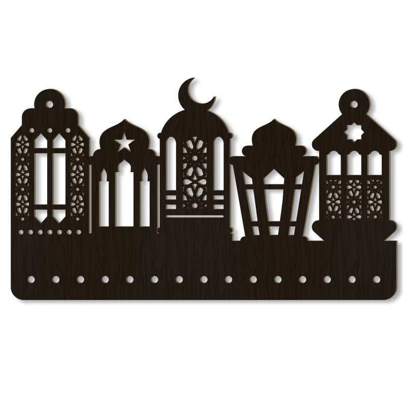Silhouette einer orientalischen Stadtsilhouette in Schwarz mit Mondsichel, Sternen und dekorativen Elementen im Fensterstil auf weißem Hintergrund
