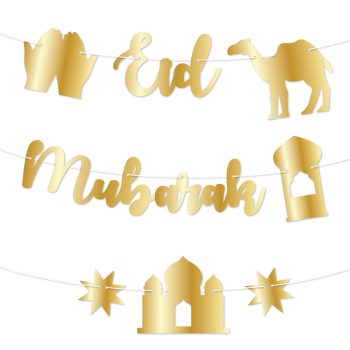 Goldene Girlande mit Schriftzug Eid Mubarak umgeben von Sternen, einer Moschee und einer Kamel-Silhouette zum feierlichen Anlass des muslimischen Festes
