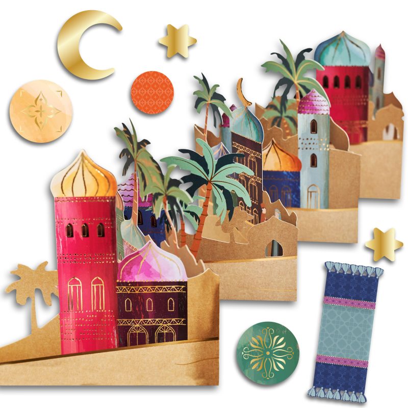 Kreative Papiercollage mit orientalischen Motiven Dorfsilhouetten und verzierten Elementen wie Sternen und Mondsichel in bunten Farben