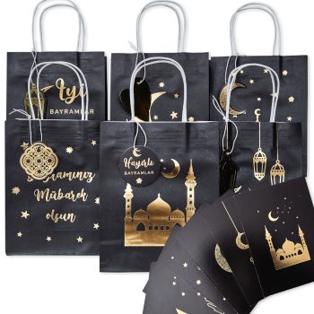 Schwarze Geschenktüten und Grußkarten mit goldener Verzierung und Glückwünschen zu religiösen Feiertagen, Sternen, Mondmotiven und Moscheeabbildungen für festliche Anlässe