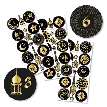 Verschiedene runde Ramadan-Aufkleber mit goldener und schwarzer Farbgebung, nummeriert von 1 bis 30, verziert mit Symbolen wie Mond, Sterne und Moscheen, zum Kennzeichnen von Tagen im islamischen Fastenmonat
