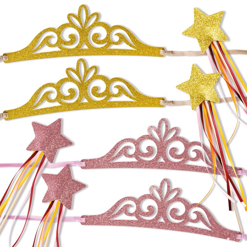 Glitzernde Prinzessinnen-Zepter in Gold und Rosa mit Sternen und farbigen Bändern für Kindergeburtstag oder Fasching