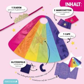 Regenbogencape Set mit Diadem Manschetten und Glitzerfolie