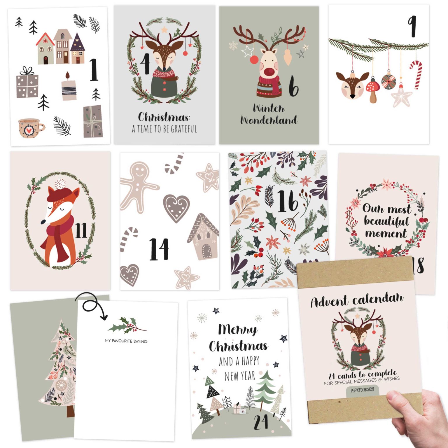 Karten Adventskalender Englisch Set 7 Papierdrachen