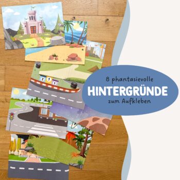 Acht bunte fantasievolle Hintergründe auf Holzfußboden verteilt